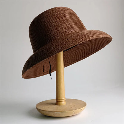 New Summer Sun Hats Ladies Solid Plain Elegant Wide Brim Hat Female Round Top Panama Floppy Straw Beach Hat Women |...