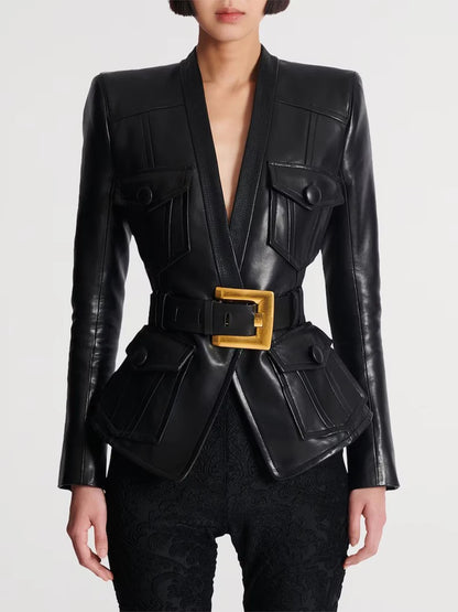 TWOTWINSTYLE Solid Slimming Spliced Pockets Temperament Jackets for Women V Neck Patchwork Button Fashion Jacket Female Clothing