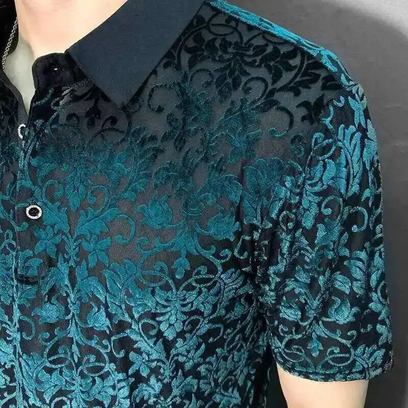 Black Gold Abstract Pattern Lace Sexy Polo See Quality Men Through Social Club Luxe Transparent Shirt Summer Short Sleeve Polo - Kimlud