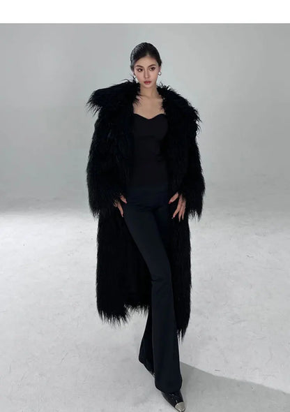 Lautaro Winter Long Black Hairy Shaggy Thick Warm Soft Fluffy Faux Fur Coat Women Sashes Luxury Designer Overcoat Runway Fashion