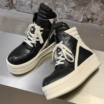 Men Black  White High Top Board Shoes Side Zipper Height Increase Anti Slip Wear-resistant Comfortable Fashionable Boots