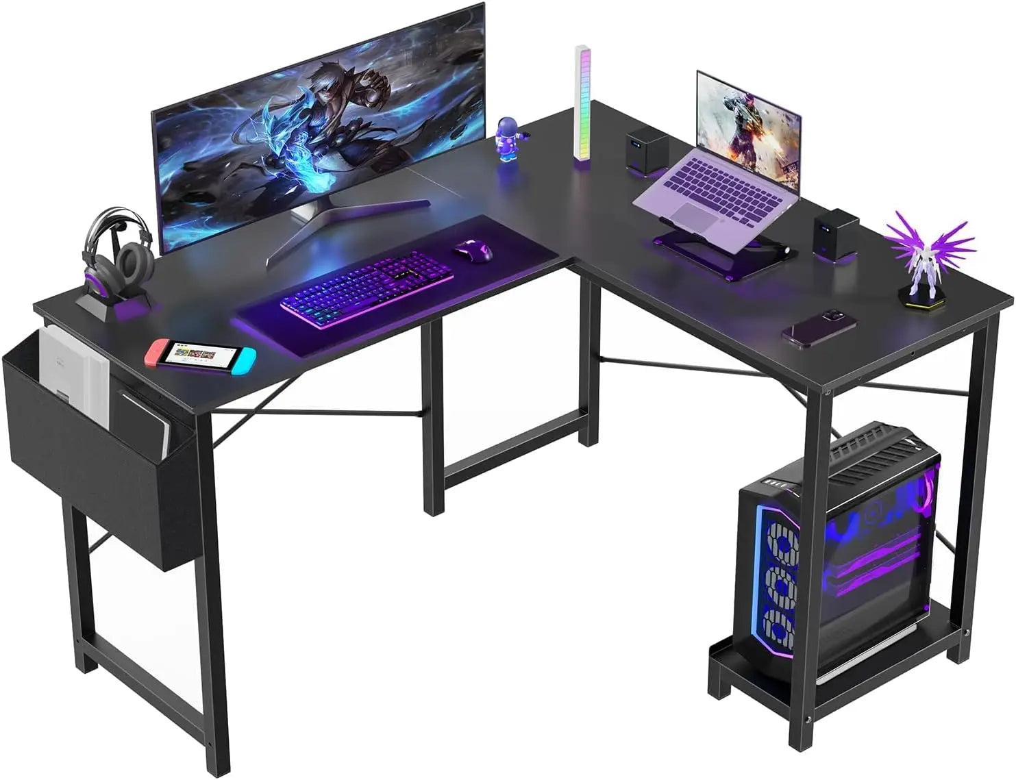L-Shaped Gaming Desk with CPU Stand and Side Bag, Black, 50-Inch for Home Office or Dorm