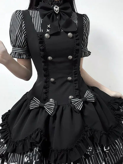 Gothic Striped Lolita Dress Set Women Puff Sleeve Stripe Blouse Suspender Dress Dark Sweet Bowknot Lace Layered Princess Outfit - Kimlud