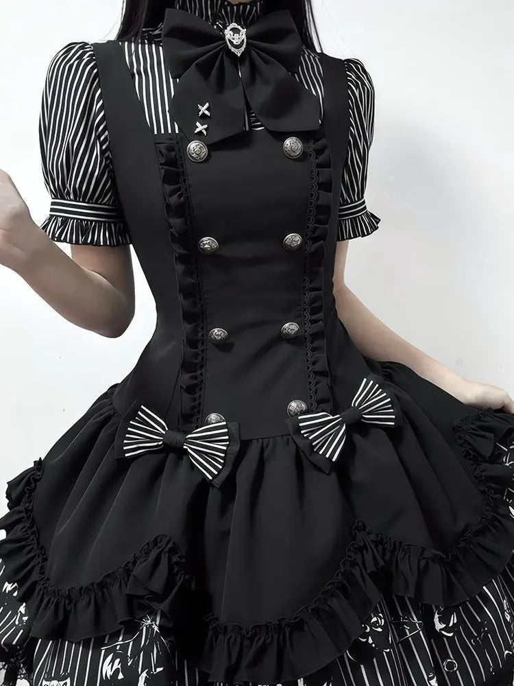 Gothic Striped Lolita Dress Set Women Puff Sleeve Stripe Blouse Suspender Dress Dark Sweet Bowknot Lace Layered Princess Outfit - Kimlud