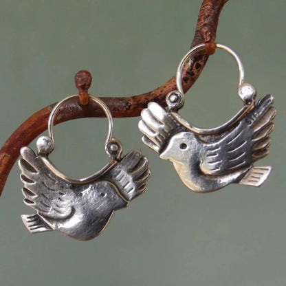 Ethnic Style Earrings for Women Bird Animal Silver Color Grave Metal Inlaid Dangle Earrings Jewelry Trendy Female Gift