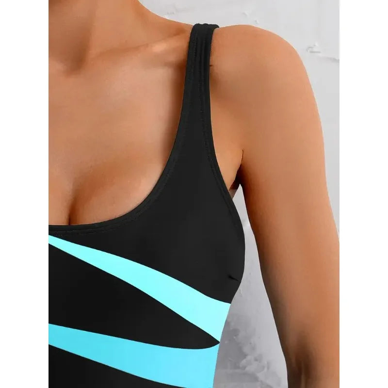2026 Summer Sexy Backless Slim Triangle One Piece Swimsuit Women's Fashion Contrast Color Striped Sports Swimwear with Chest Pad - Kimlud