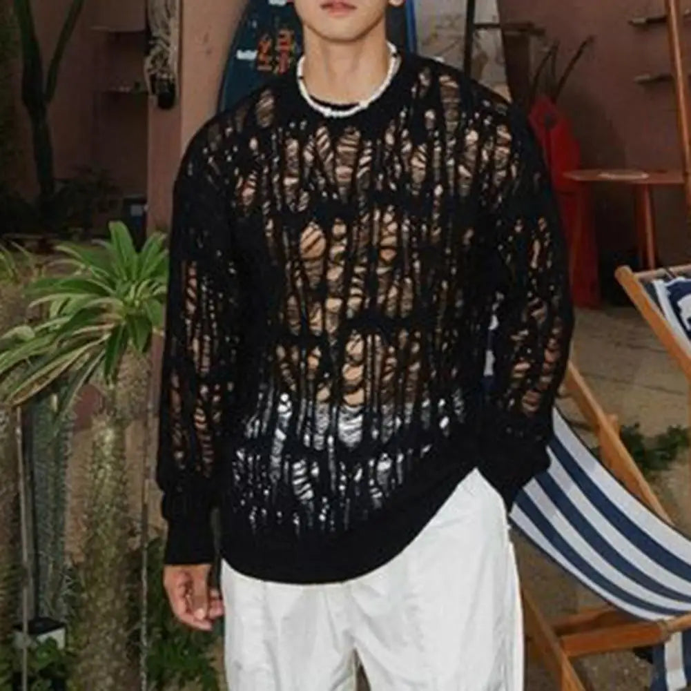 Men Tops Hollow-Out Mesh Knit Tops Crew Neck Long Sleeve Knitted T-Shirt Men Clothing Retro T-Shirt Spring Streetwear - Kimlud
