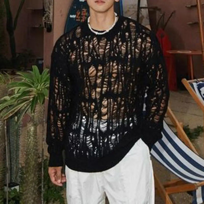 Men Tops Hollow-Out Mesh Knit Tops Crew Neck Long Sleeve Knitted T-Shirt Men Clothing Retro T-Shirt Spring Streetwear - Kimlud