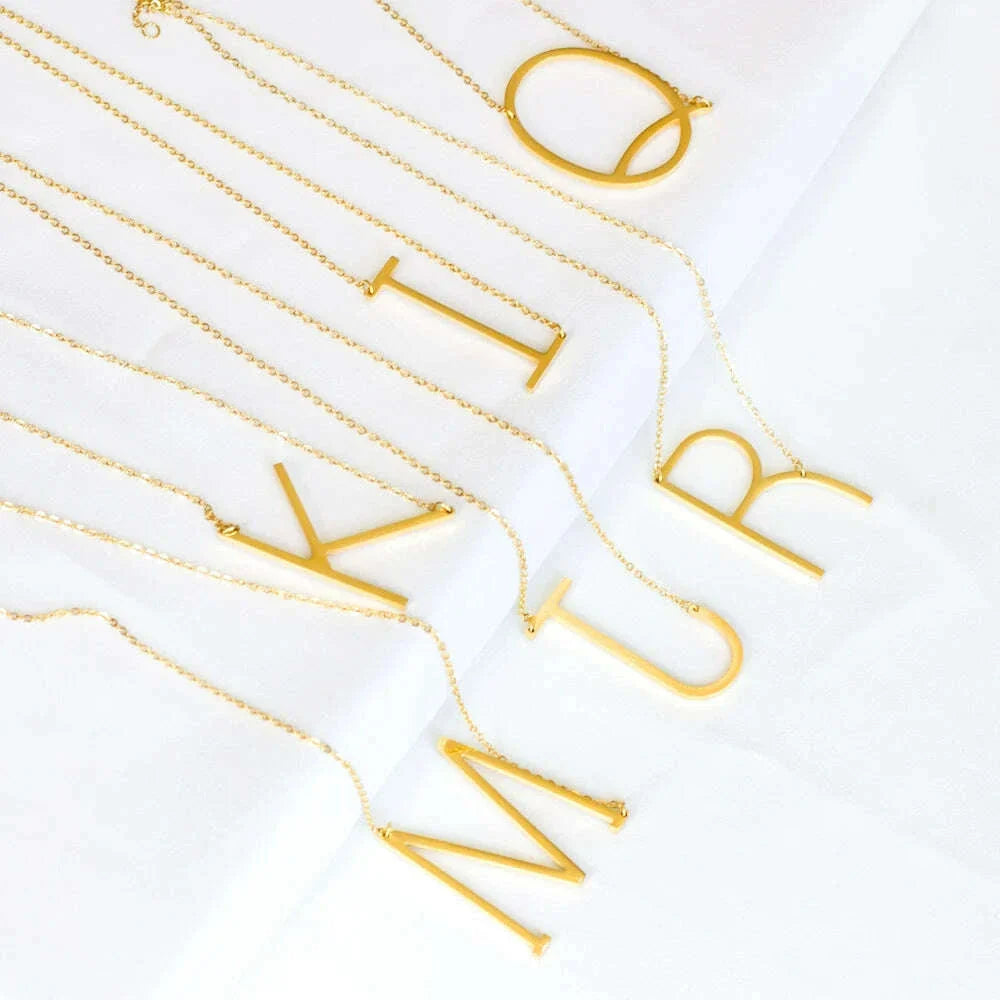 LUXUSTEEL Stainless Steel Large Initial Necklaces For Women Sideways Big 26 Letter A-Z Golden Color Monogram Alphabet Collar