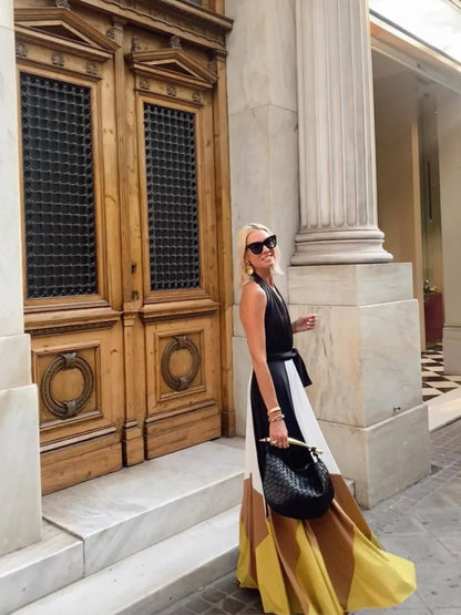 Sexy Halterneck Sleeveless Dress For Women Fashionable Summer Color-blocked Waistless Backless Loose Casual Dresses For...