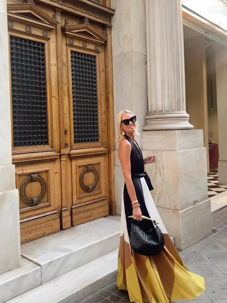 Sexy Halterneck Sleeveless Dress For Women Fashionable Summer Color-blocked Waistless Backless Loose Casual Dresses For...