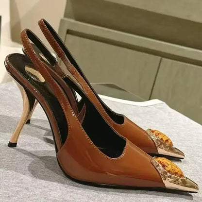 Luxury Metal Jewel Decoration Heels Women 2025 Sexy Pointed Toe Patent Leather Women Pumps Elegant Banquet High Heeled Sandals - Kimlud