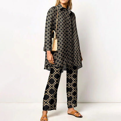Autumn New Vintage Printed Pant Sets Women Long Shirts And Wide Legs Trousers Two Piece Set Fashion Trendy Streetwear Lady Suits