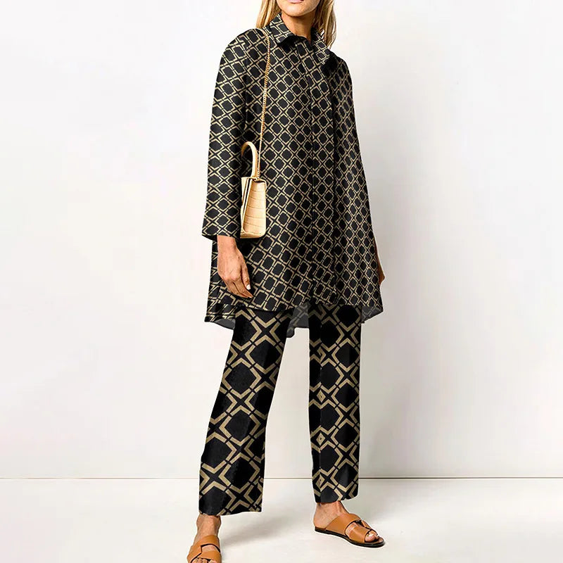 Autumn New Vintage Printed Pant Sets Women Long Shirts And Wide Legs Trousers Two Piece Set Fashion Trendy Streetwear Lady Suits