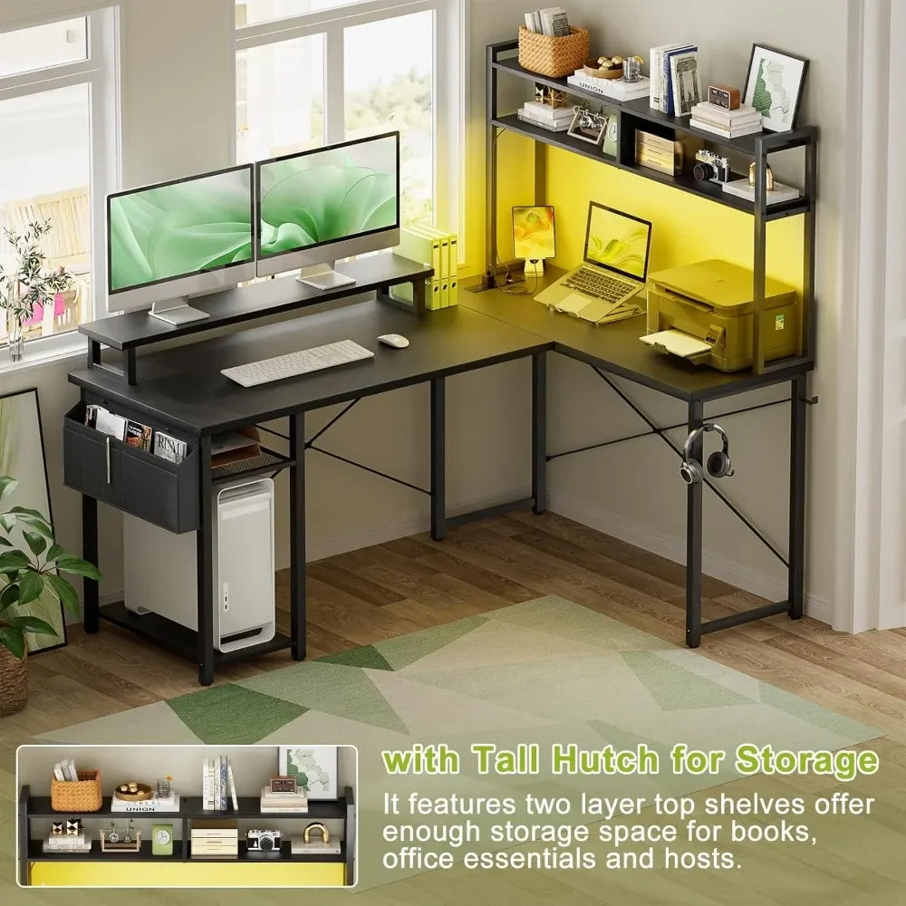 Top Rated Small L Shaped Desk Gaming Desk with Power Outlets, 48" Reversible L Shaped LED Computer Desk with Monitor Stand & Sto