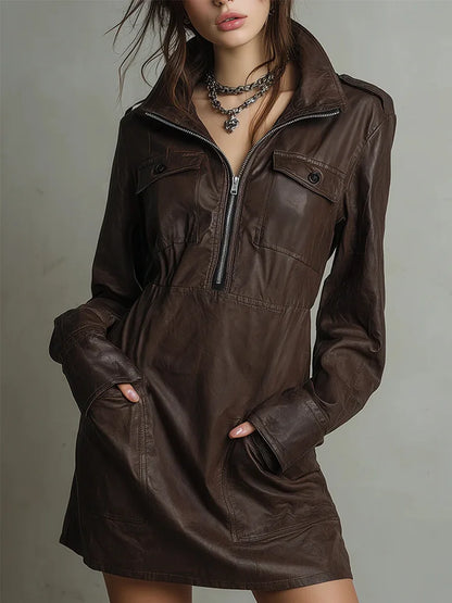 Women's Faux Leather Dress Long Sleeve Half Zip Up High Collar Mini Dress with Pockets Casual Party Streetwear Autumn Outfits