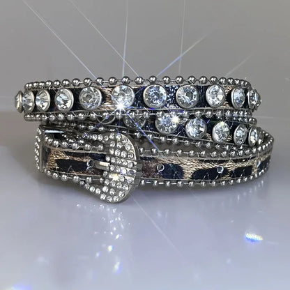 Sexy Leopard Rhinestone Belt Women's Bling Belt Punk Y2k Metal Buckle Sequin Belts Pu Fashion Waistband Jeans Pants...