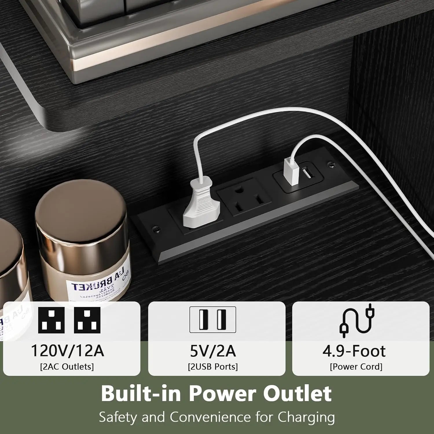 65.9" Vanity Desk with LED Lighted Mirror & Power Outlet, Modern Corner Makeup Vanity Table, Dressing Table for Bedroom