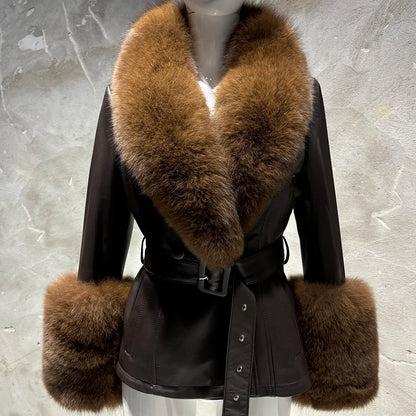 YOLOAgain Women's Real Fox Fur Collar Sheepskin Leather Jacket Coat Autumn 2024
