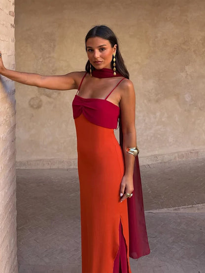 Women Color Blocking Scarf Collar Sling Dress Sexy Waist Cinching Split Bodycon Slim Fit Dresses 2026 Lady Highstreet...