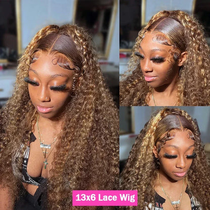 13x6 HD Curly Deep Wave Highlight Human Hair Wigs 250% Colored Honey Blonde Lace Front Wig Wear And Go Glueless Wig 30 34 Inch