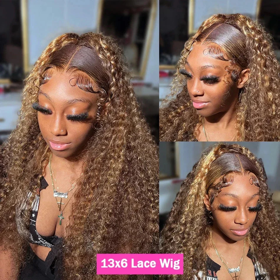 13x6 HD Curly Deep Wave Highlight Human Hair Wigs 250% Colored Honey Blonde Lace Front Wig Wear And Go Glueless Wig 30 34 Inch