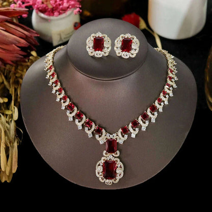 ASNORA New European and American Banquet Jewelry,  Heart Earrings Necklace Set Women's Red Zircon Square Pendant