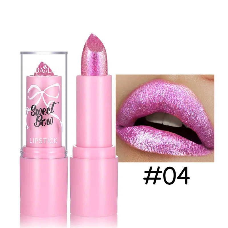 Pink Luxurious Metallic Glitter Lipstick Lasting Waterproof Shimmery Pearl Sparkling Hydrating Lipstick Women Makeup Cosmetic