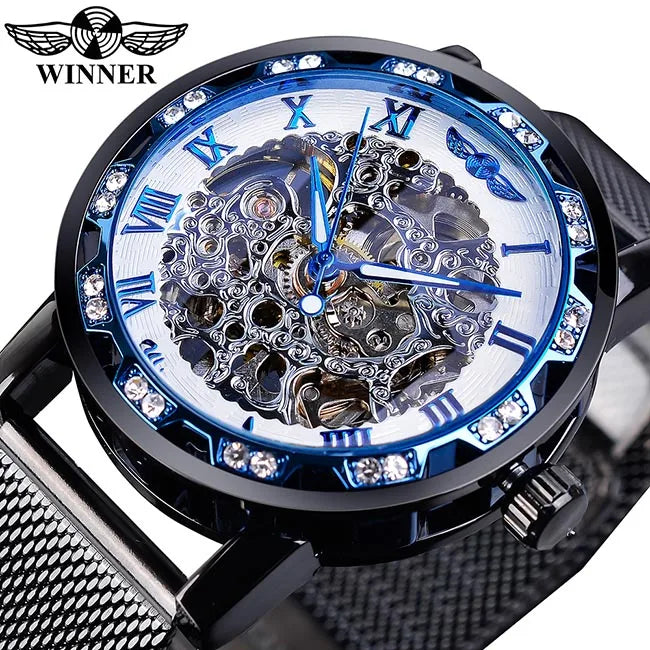 Winner Casual Mechanical Watches For Men Golden Roman Fashion Stainless Steel Belt Mesh Strap Wristwatch Clock Relogio Masculino