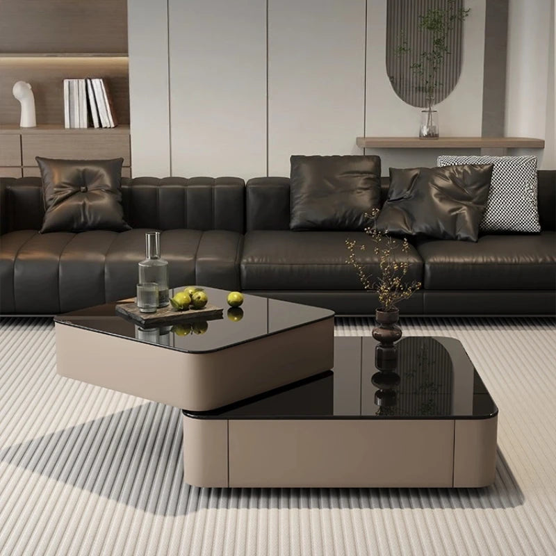 Luxury Italian Light Luxury Rotating Coffee Table Square 80cm Glass Wooden Coffee Tables Living Room Furniture...