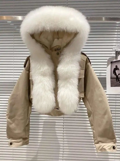 DEAT 2023 Balck Winter Women New Fur Collar Liner Real Rabbit Hair Multi Pocket Short Jacket Cotton Hooded Casual Coat RC235