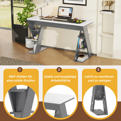 HOUSE SPOLE Computer table with X-shaped bracket, office table with 6 storage rack, Grey | Kimlud Office Luxury Table
