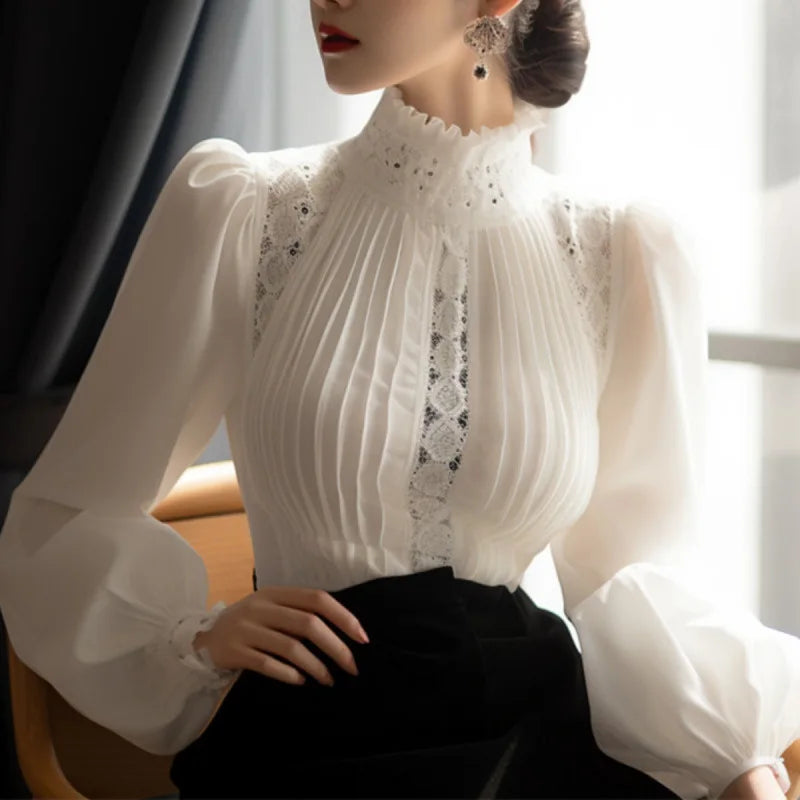 Spring Ladies Patchwork Lace Hollow Out Long Sleeve Shirt Tops New Korean Fashion Women's Solid Color Stand Collar Blouses