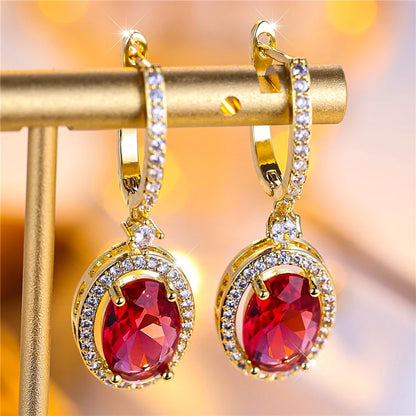 Luxury Female Rose Red Oval Zircon Stone Hoop Earrings Charm Gold Color Wedding Jewelry For Women