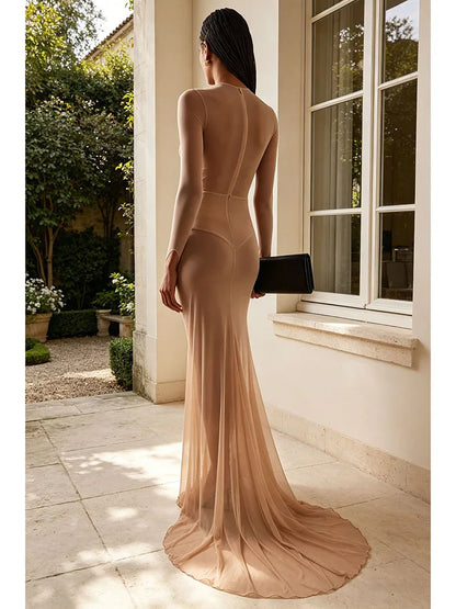 Sexy Long Sleeve Tulle Sheer Gathered Maxi Dress for Women Beige O Neck Mesh Folds See Though Slim Runway Evening Party...