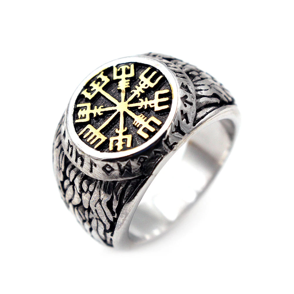 Vintage Viking Compass Helm of Awe Ring Stainless Steel Men Nordic Ethnic Belief Aegishjalmur Viking Rings Jewelry Free Shipping