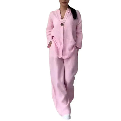 Casual Solid Color Pullover Long Pants 2-piece Set Women's Cotton and Linen Pants Suit White Pink