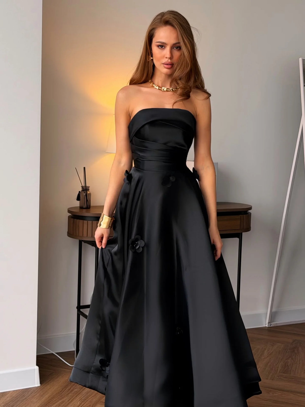 Ofherown 2026 Strapless Satin Evening Dress Prom Gown A Line Formal Party Dress With 3D Flower Appliques