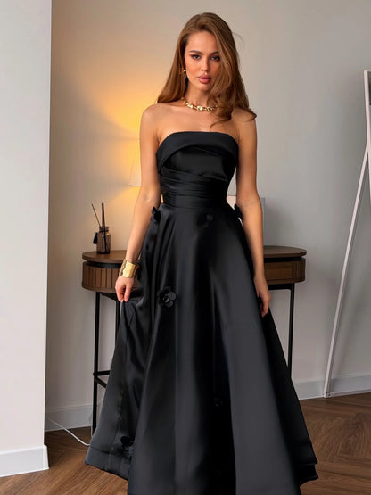 Ofherown 2026 Strapless Satin Evening Dress Prom Gown A Line Formal Party Dress With 3D Flower Appliques