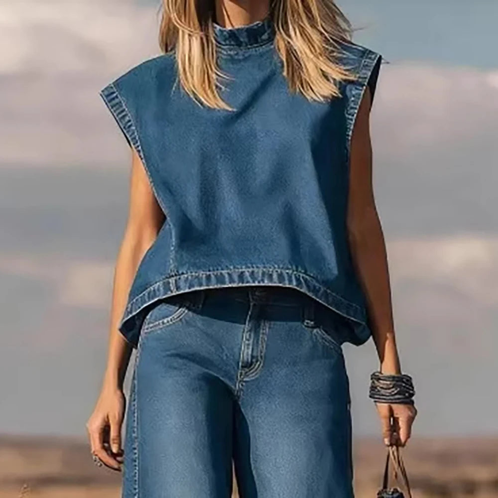 Women's Vintage Western Faux Suede Vest Top Two Piece Set Solid Crew Neck Sleeveless Loose T-Shirt With Wide Leg Pants...