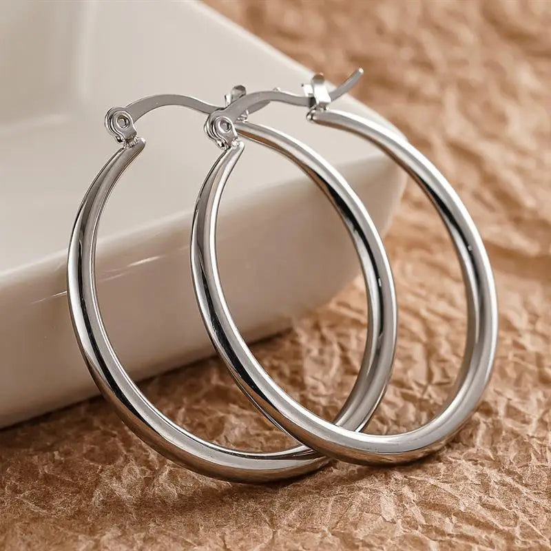 Huitan Fashion Stainless Steel Women Hoop Earrings Circle Wedding Party Luxury Lady Daily Wearable Accessories Chic Jewelry Gift