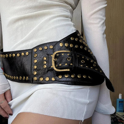 1Pcs Women's Wide Waist Waistband Fashion PU Leather Belt with Studs & Buckle - Perfect for Casual Wear Weddings Parties & More