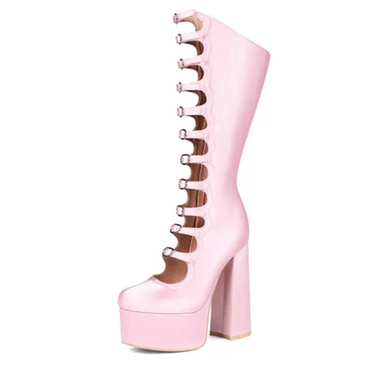 Lolita Girls Women's High BootsCosplay Halloween Rivet Hollow-out Thick Bottom Long Boots Women Heel Height 6CM Platform Shoes