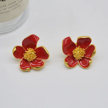 HUANZHI Enamel Pink Flower Stud Earring Irregular Petal Vintage Drip Oil Elegant Sweet Jewerly Gift for Women Girls