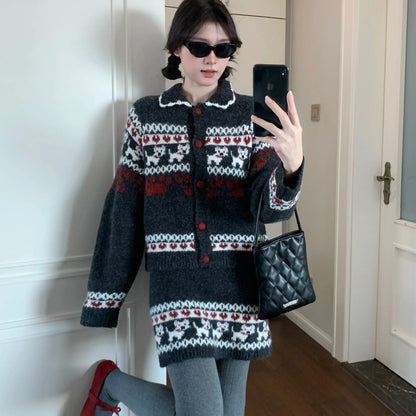 Knitted Suit Women 2025 Fashion Vintage Sping Autumn Cardigan Sweater Coat Short Skirt Ladies Two Piece Set Outfits
