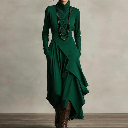 Spring Autumn Long Sleeve Solid Party Dress, Women Holiday Turtleneck Simple Irregular Dress, New Fashion Patchwork Ladies Dress