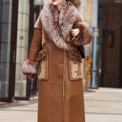 Slim Long Real Leather Jackets Women Fashion Solid Buttons Coats Women Elegant Tie Belt Waist Pockets Jackets Female Ladies