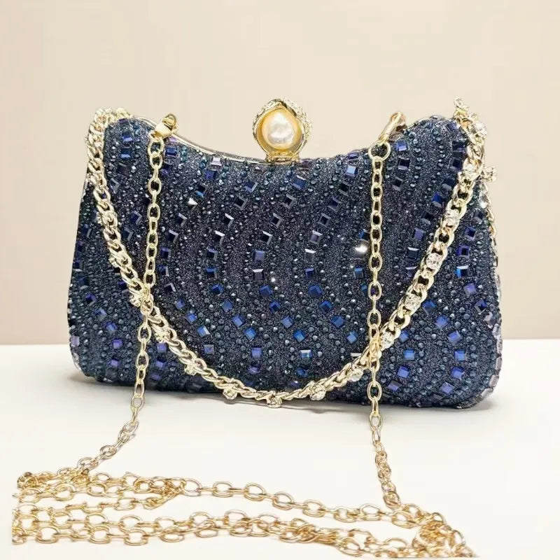 Fine Rhinestone Diamond Inlay Dinner Evening Bag Retro Luxury Gold Silver Blue Small Clutch for Women Wedding Party...