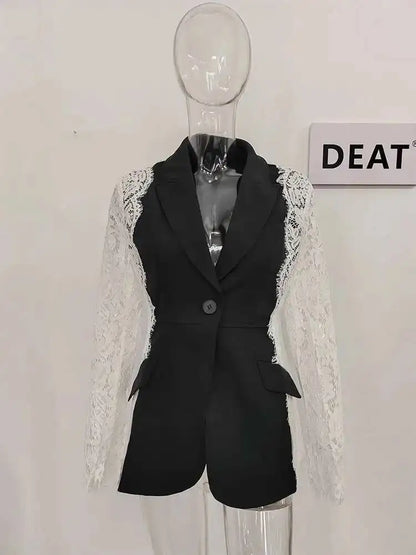 DEAT Fashion Women's Blazer New Fashion Notched Lace Patchwork Long Sleeve Contrast Suit Jackets Female Spring 2025 17A1298