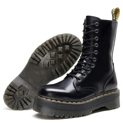 Women's Motorcycle Boots 10 Holes Thick Bottom Side Zipper British Style Long Booties Flatform Work Boots round Toe Mid Heel